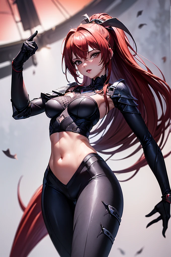 1girl, backless outfit, milf, mature 35 year old women, breasts, earrings, elbow gloves, gloves, high heels, jewelry, large breasts, lips, long hair, multicolored hair, navel, red hair, shadow, sideboob,  background, solo, stomach, tan, turtleneck, two-tone hair, very long hair, virgin destroyer sweater, white background, yellow eyes, soft toned belly, wide hips, curvy, voluptuous, sfw