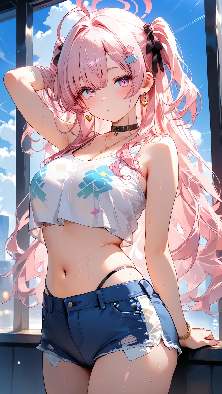(masterpiece,best quality,extremely detailed:1.4),ultra-detailed,absurdres,perfect ???????,1girl,japanese,13yo,pink long hair,bangs,blue droopy eyes,cute,shy,white bikini,black tight miniskirt,(lift:1.4),cleavage,hair ornaments,shallow sea,clear waters,water splash,(from below),Dynamic Angle,Glamorous Body,?????? erection,Backlight,Curly hair,long hair,