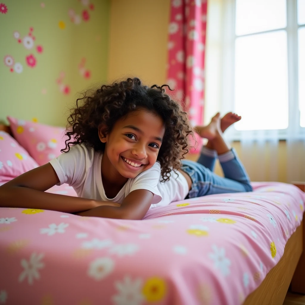 Girl with long, curly hair, tanned skin, sourire, 8 ans, no clothes, laying in bed,