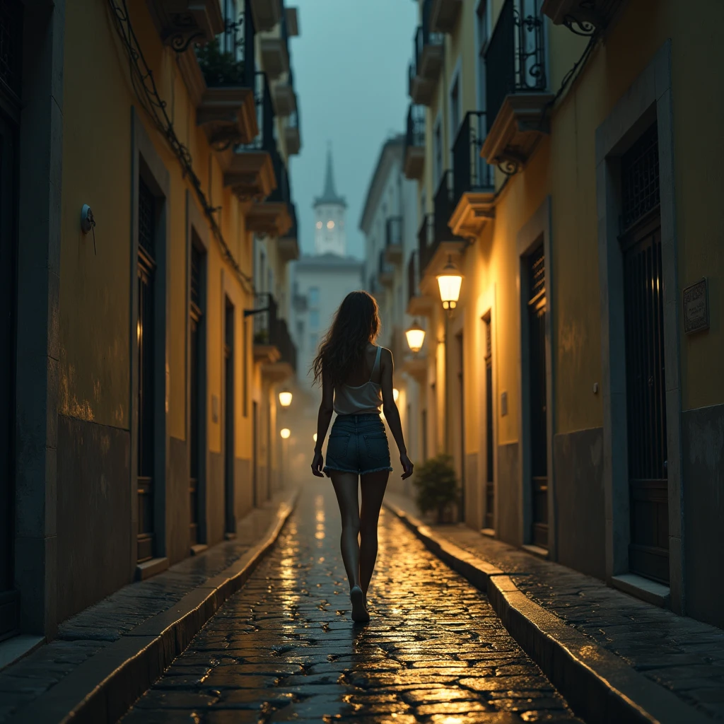 Chioggia historic center at night, teacher walking barefoot in the rain, view from behind.