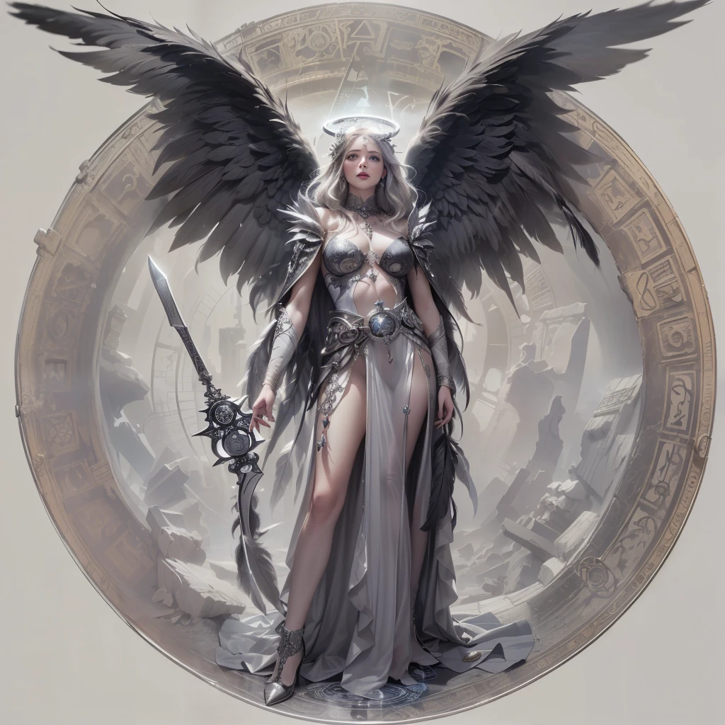 Guild logo with a cartoon drawing of a beautiful warrior woman posing holding a golden knife with both hands and with long white wings and long white hair and golden clothes and the name SHARP GIRLS large in front of her legs and a black background olhos brancos brilhantes