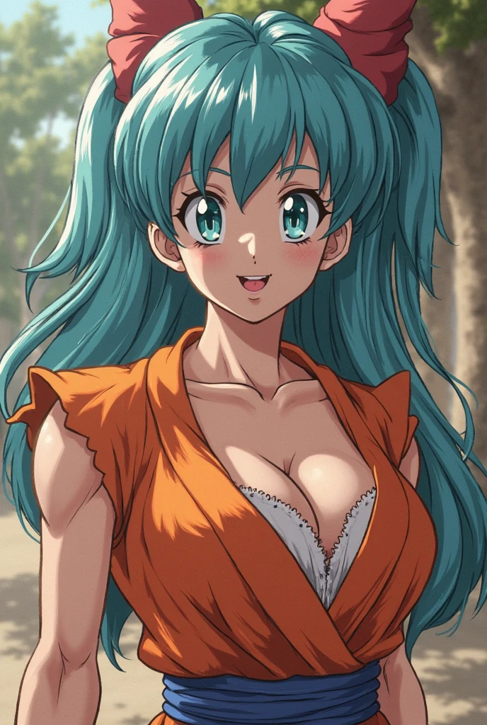 Bulma from dragon ball trying kamasutra pose while being penetrated from behind by a penis and smiling with her face of pleasure for selfie 