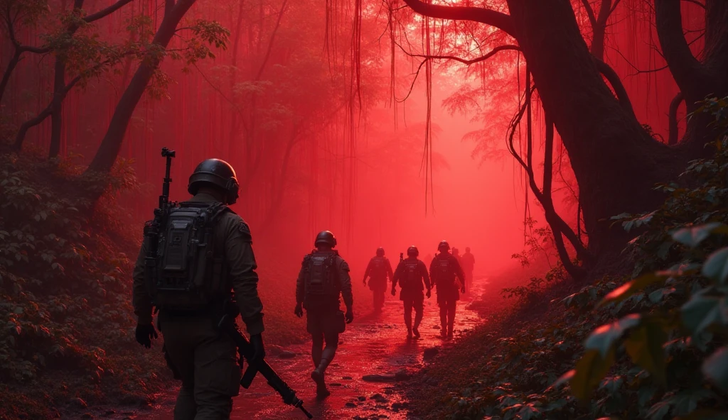 Soldiers in dark red military uniform wearing a futuristic helmet, run through the steppe with some green areas and a little bit of hills and pine trees