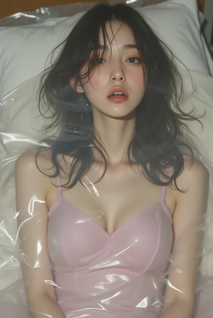 ((maximum quality、in 8K、Meisterwerk:1.3))、Perfect body beauty:1.4、mediur breasts、Highly detailed facial and skin texture、detailed eye、Double eyelidd、(without panties、No bra)、(lying at the bed、legs wide open:1.3)、Pubic hair is visible、Wet clothes、Wet skin、Detailed wet light clothing、 Light red underwear、areola is visible、seem、Mushy white thick liquid splashes on the body、The shape of the pubic area is clearly visible、Bend your knees and open your legs、massive tits、Long hair、Seductive look、Lightly open your mouth、Shot on Canon EOS R 6、(((brunet)))、(８K))、