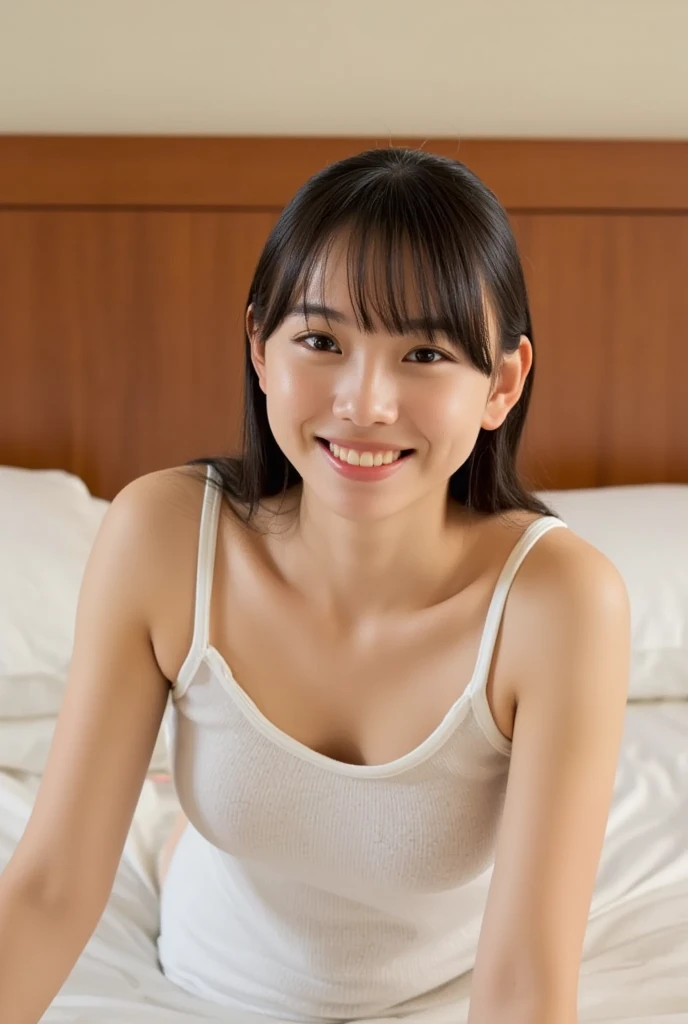 A 20 year old Japanese woman in the bathroom, with a serious face and erotic eyes showing her knees 