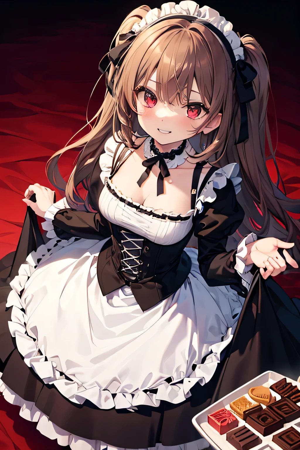 masterpiece, Highest quality, Very detailed, One girl, evaluation: Sensitive, ((Gothic Lolita Fashion, Black clothes, Frills)), ((Change of clothes, Open clothes, Unfinished garment, White bra, White panties)), (((17 years old, Pink Eyes, Cute eyes, Highlight Eyes:1.2, Very cute face, Hair Ribbon, Detailed Hair, Light brown hair, Long, thick, wavy twin tails:1.2, bangs, Medium chest, blush:1.3, shy:1.2, Lips parted))), Look at your own hands, View from below, ((Cowboy Shot)), bed、Flip up the skirt

