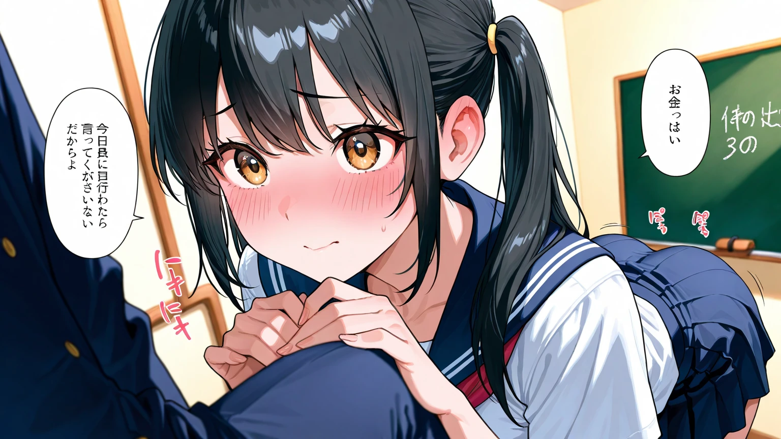 Beautiful girl at 13 years old,Japanese,Small and slim,Flat Chest,Small breasts,Baby Face,Small face,Black Hair,black eyes,Twin tails,,shirt,fellatio,open mouth,cum on tongue,handjob,Kneeling and sitting,Beautiful and detailed anime art,First-person view,A mischievous smile