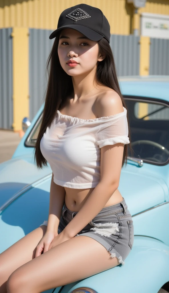 1girl, (wearing sexy whitet tshirt and blues short),((standing on very old rusted car)),(old rusted car),(old junk car yard), (old rusted junk car yards background),(big breasts),(big boobs), (cleavage),((characters play)),(( long white hair)),white hair, (perfect face),(perfect fingers),(perfect blue eyes),(red lips),(perfect body),masterpiece,realistic,highly detailed, high resolution, 8k, (closeup camera view),looking to camera, smiling,