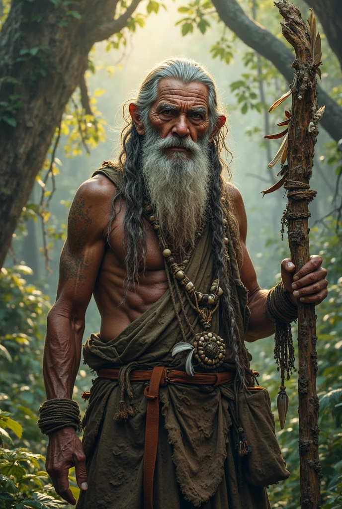 Tall man, stark, middle-age, with mud on the body, with moss green cover, coming out of the swamp, with goat's left foot