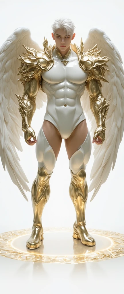 tall, pale, very handsome hunky ripped abs toned body young man with shoulder-length blond hair, shirtless, ribs, bony, glowing white eyes, gold earrings, big white massive wings, flying, full-length. Super duper bulge.gold jockstraps 
