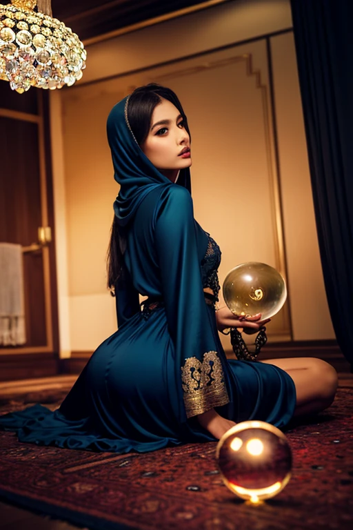 A (mature (age 40) curvaceous Malaysian woman, hijab no hair showing, silk magic gown), is a witch summoning a mythical monster into a magic circle