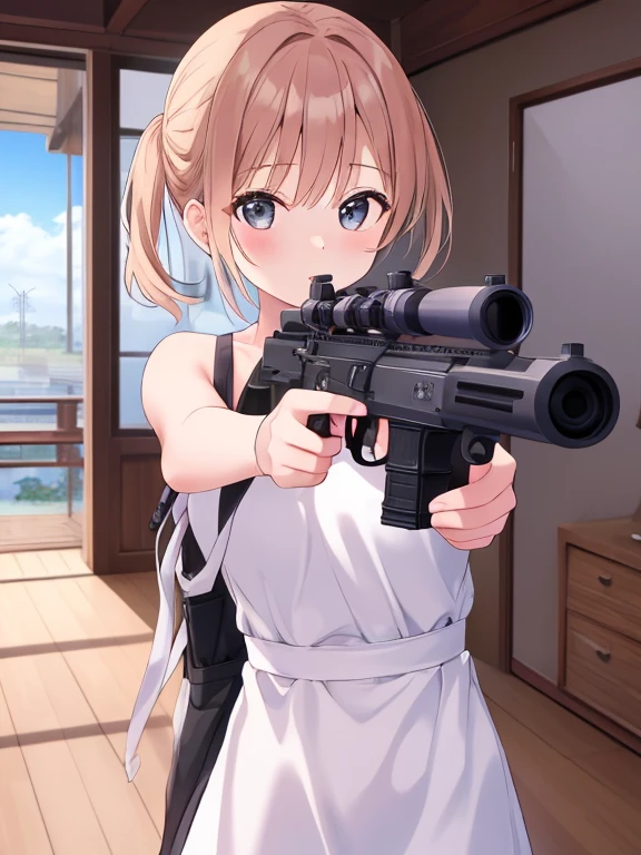 Beautiful girl shooting a gun、Changing magazines、Blue and white checked dress、barefoot、Military boots、 shoots her friend