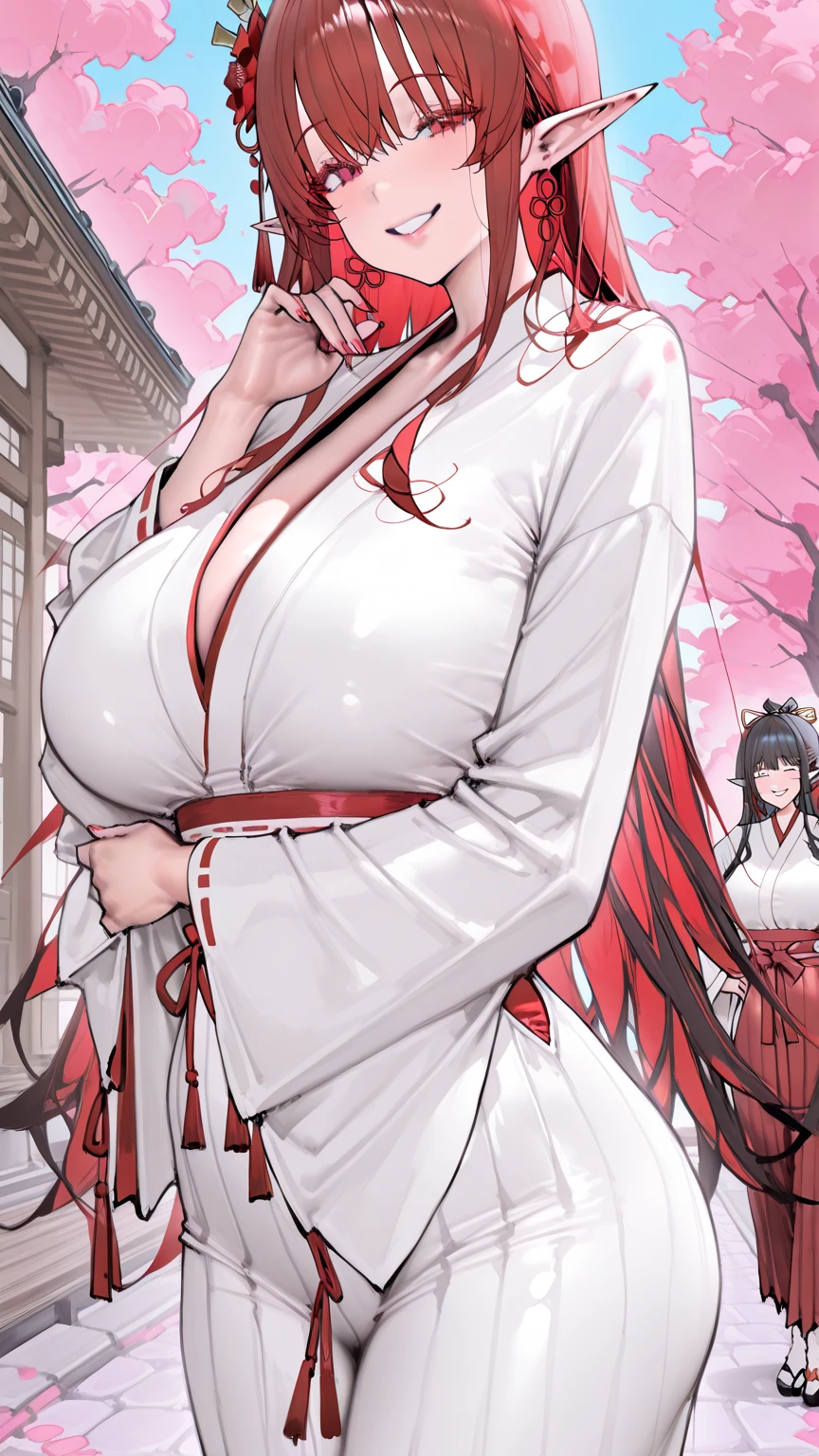 A woman in her fifties wearing a red and white kimono decorated with sunflowers, 古代Chinese Costumeを着て, Hanfu, palace ， a girl in Hanfu, Traditional Chinese clothing, Ancient Chinese Princess, white Hanfu, Tang Dynasty, Wearing a luxurious silk cloak, Traditional Chinese, 古代Chinese Costumeを着て, Chinese Costume, Wearing gorgeous silk clothing, Empress of China, Ancient Chinese Beauties　She exposes her nipples