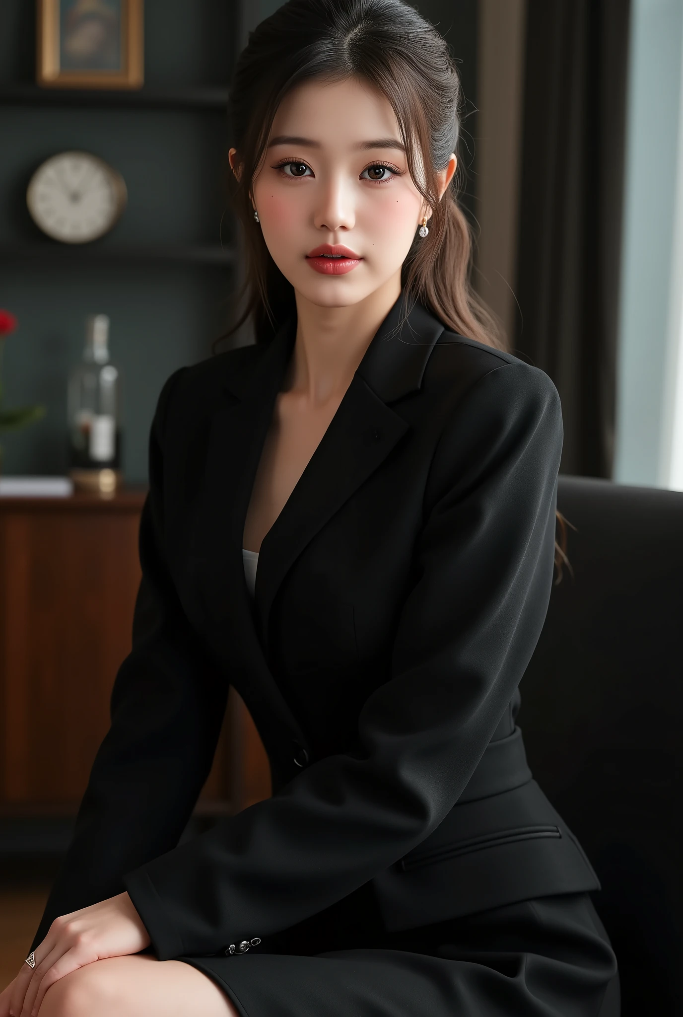 a beautiful secretary lady, hair tied up, wearing a business dress and high heels, (best quality,4k,8k,highres,masterpiece:1.2),ultra-detailed,(realistic,photorealistic,photo-realistic:1.37),detailed eyes,detailed lips,extremely detailed face,long eyelashes,studio lighting,vivid colors,high contrast,dramatic lighting,cinematic composition