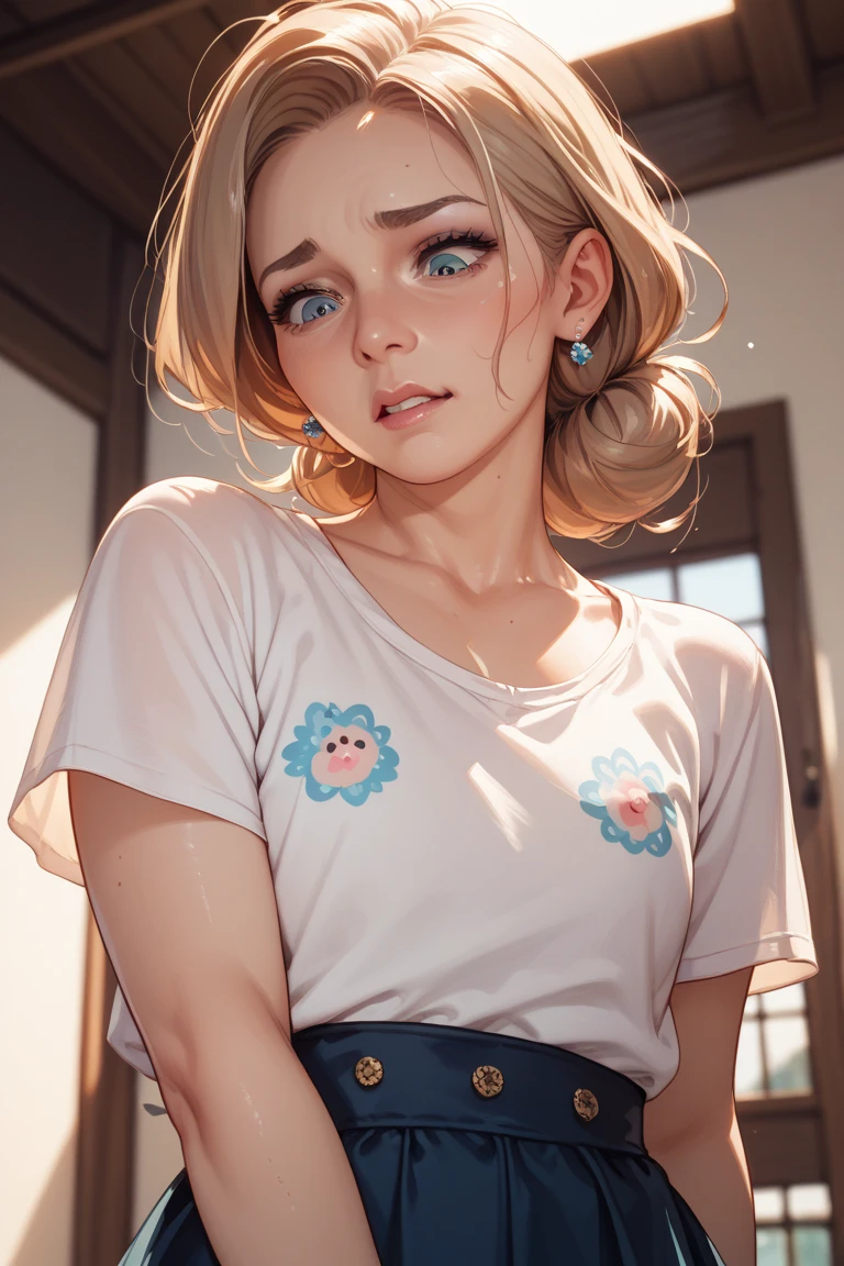 one girl, solo, (abs:1.5), slender body, fit body, (upper body, bust:1.2), (black eyes:1.3), blonde hair, (two cute braids:1.2), masterpiece, highly detailed, look at viewer, front view, (small ???????, tiny ???????, male ?????, exposed ???????, deep cleavage:1.5), (transparent white t-shirt, wet t-shirt, choker:1.4), (studio lights, blured background, glowing edges of image, shiny blured background, gradient sprayed background, colorful background:1.3), expressing joy, (???????:1.1)