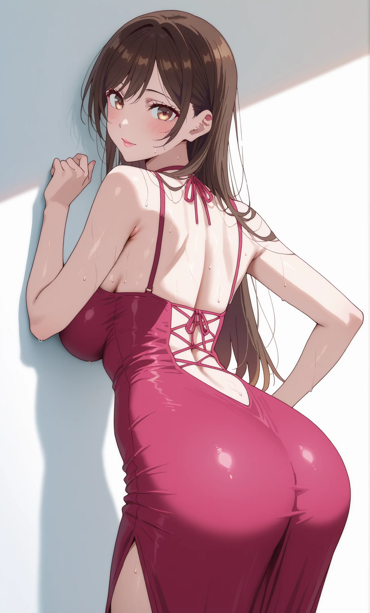1 Femme ((anime)), vu de face, un peu de profil, montre son derrière, hanche large, fessier arrondi musclé et large, levant la jambe gauche en arrière, regard excitée, levant les deux mains faisant le symbole de victoire, cheveux longs, tenues sexy