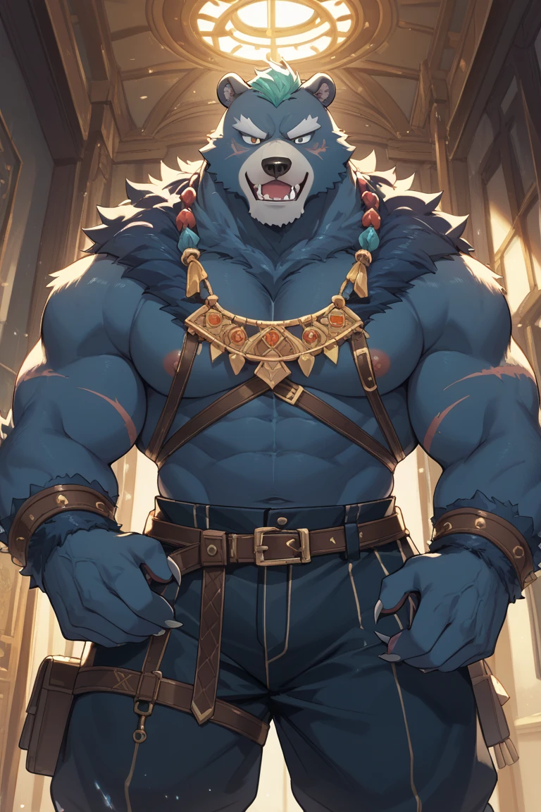 solo, anthro, furry, furry male, skunk,((short fur,furry, shaggy fur, opaque fur)), (skunk print), black pupils, white sclera, black body, black fur, black muzzle, black fur on face, indigo eye, big skunk tail, detailed  fur, detailed face, detailed eyes, (Mayan clothing, Mayan neckpiece, Mayan bottoms), Mayan temple, lots of pillows and soft surfaces, (by null-ghost,by raccoon21, masterpiece, high quality, hi-res, 8k, hd, dark), standing, offering hand to viewer, looking at viewer, day, gentle expression, musclegut skunk man, muscular, big belly, fat belly, obese belly, pillowy pectorals, soft pectorals, big pectorals, weight-lifter build, broad shoulders, black fur, indigo eyes, pink pawpads, mid 30s, relaxed, lazy, indigo smoke, white Mohawk,