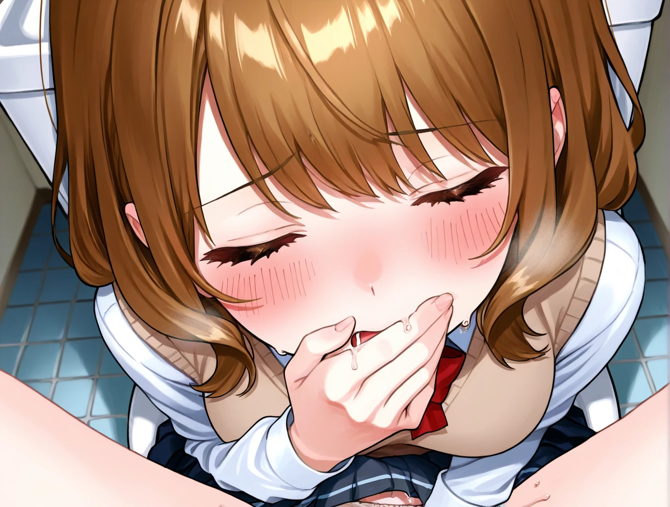 High resolution, Highest quality, super high quality, Very detailed, Cinema Lighting、Sweaty、Sweat、(((Brown hair short cut、50PreCure Readymade)))((Dynamic Style Orgasm((Blowjob))、(((Embarrassed and blushing)))、Squirting、Bedside)))