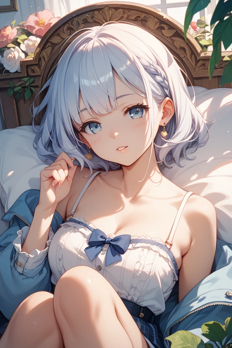 Super detailed、Particles of light:0.5、Off the shoulder、Beautiful cleavage、Sleeping lying on your back in bed、Beautiful Blue Eyeouth half open、Natural Texture、Lace shorts、Sticking out tongue、Dripping cloudy saliva、wet body with milk