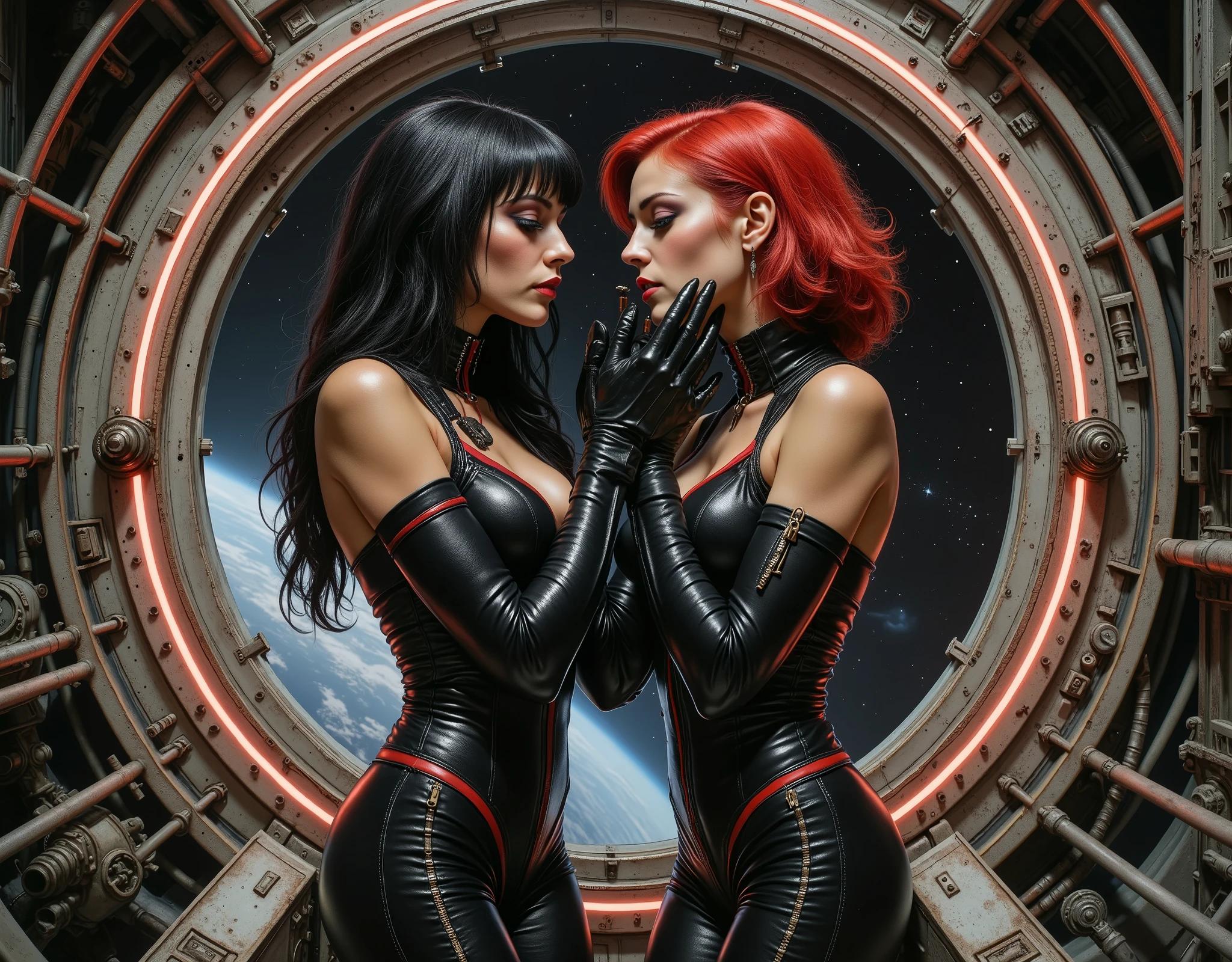 two space girls aboard a spaceship orbiting an alien world, the interior of the spaceship is dim and has a gothic atmosphere, the corridors of the ship are dark and lit with streaks of light like an ancient cathedral, the two women have found a secret spot and caress one another, one has a sexy seductive tongue, dressed like Italian sci-fi girls from the '60s, black leather space suits, red trim, and zippers, tight, revealing, lit like the Mario Bava film Planet of the Vampires, very retro, different hair colors on the women, one has black hair, one has red, statuesque physiques, strong retro Italian actresses, -- lurid vivid colors, retro 60s sci-fi horror movie aesthetic, bloody, gory, scary, movie poster vibe, bold colors, detailed, erotic, NSFW, lurid and vivid colors, detailed, intricate, gouache paints, European fumetto style, Frazetta, Mort Künstler, Basil Gogos, Graham "Ghastly" Ingels, volumetric lighting, classic horror comic aesthetic, Muted colors, high-contrast, sepia tones, chiaroscuro lighting, grainy texture, Dutch angles, low-key lighting, deep shadows, wide shots, voyeuristic framing, retro mise-en-scène, noir palette, Giallo vibrancy, smoky ambiance, cinematic composition, detailed, intricate, medium contrast, murky red and green back lighting, volumetric lighting, Frazetta, James Bama, Jim Steranko, Bernie Wrightson, lurid and vivid, NSFW, perfect anatomy, masterpiece, HD, 8x, "anatomically correct human" "realistic proportions" "natural human pose" "full figure, accurate anatomy" "correct fingers and joints" --"1960s Giallo Horror Sci-Fi cinema, moody lighting, chiaroscuro, Italian pulp comic color palette, saturated reds and greens, film grain, foggy lens, dramatic shadows, unnatural angles, matte paintings, Suspended reality and dreamlike quality, Symbolic and grotesque imagery, Intricate lighting and shadow play, Stylized color palettes, Dynamic framing and composition