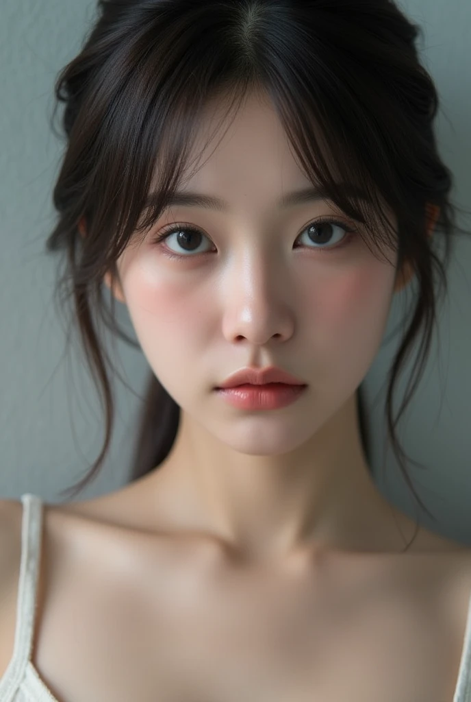 realistic photos of (1 cute Korean star) flipped hair, thin makeup, big breasts size, sexy erotic tiny string of G-string lingerie, at the train station, clear facial features of Canon EOS, 16k, high resolution, sharp and realistic details,  overexposure, cut-in, UHD, high res, best quality, full body 