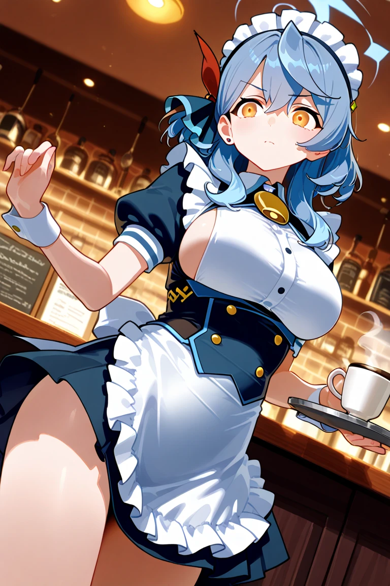 Black hair, blue eyes, sexy, large breasts, maid bikini, Cafe, smilex beautiful body, masterpiece 