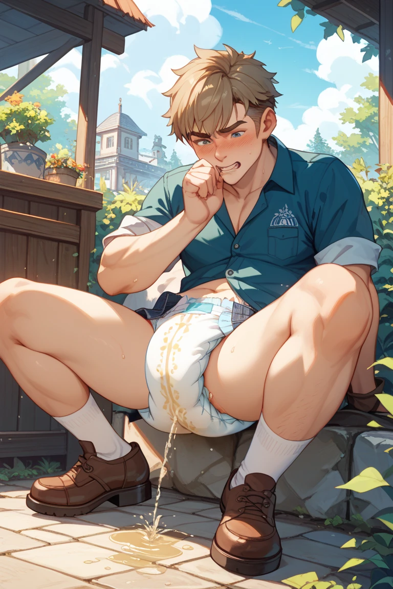 1man, smile, male focus, toned male, tall male, toned, pectorals, white shirt, beige pants, lens flare, solo, looking at viewer, park background, sitting over bench, legs spread, best quality, amazing quality, best aesthetic, absurdres, muscular, full body, erection, penis out of pants, penis, nsfw, unzipped pants, two buttons unbuttoned shirt, neck shirt, perfect penis, large penis