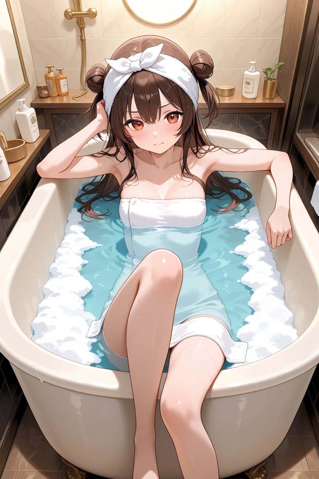 (photorealistic:1.4), (masterpiece, sidelighting, finely detailed beautiful eyes: 1.2), realistic, 3d face, masterpiece, hu tao\(genshin impact\), 1girl, brown hair, petite, taking a bath, bangs, naked, nipples, crotch shows through, areola see-through, pubic area open, open, pubic area visible, vaginal launch, minora, penetration, white liquid, blush, breasts, small breasts, Legs wide open, small body