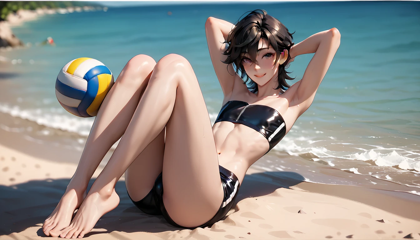 1_girl, solo, 25-years-old korean girl. slender and medium breast. brown eyes. short black hair and bangs in the front. Wearing black bikini, walking on the beach, dusk beach background kneeling, leaning toward the camera, smiling