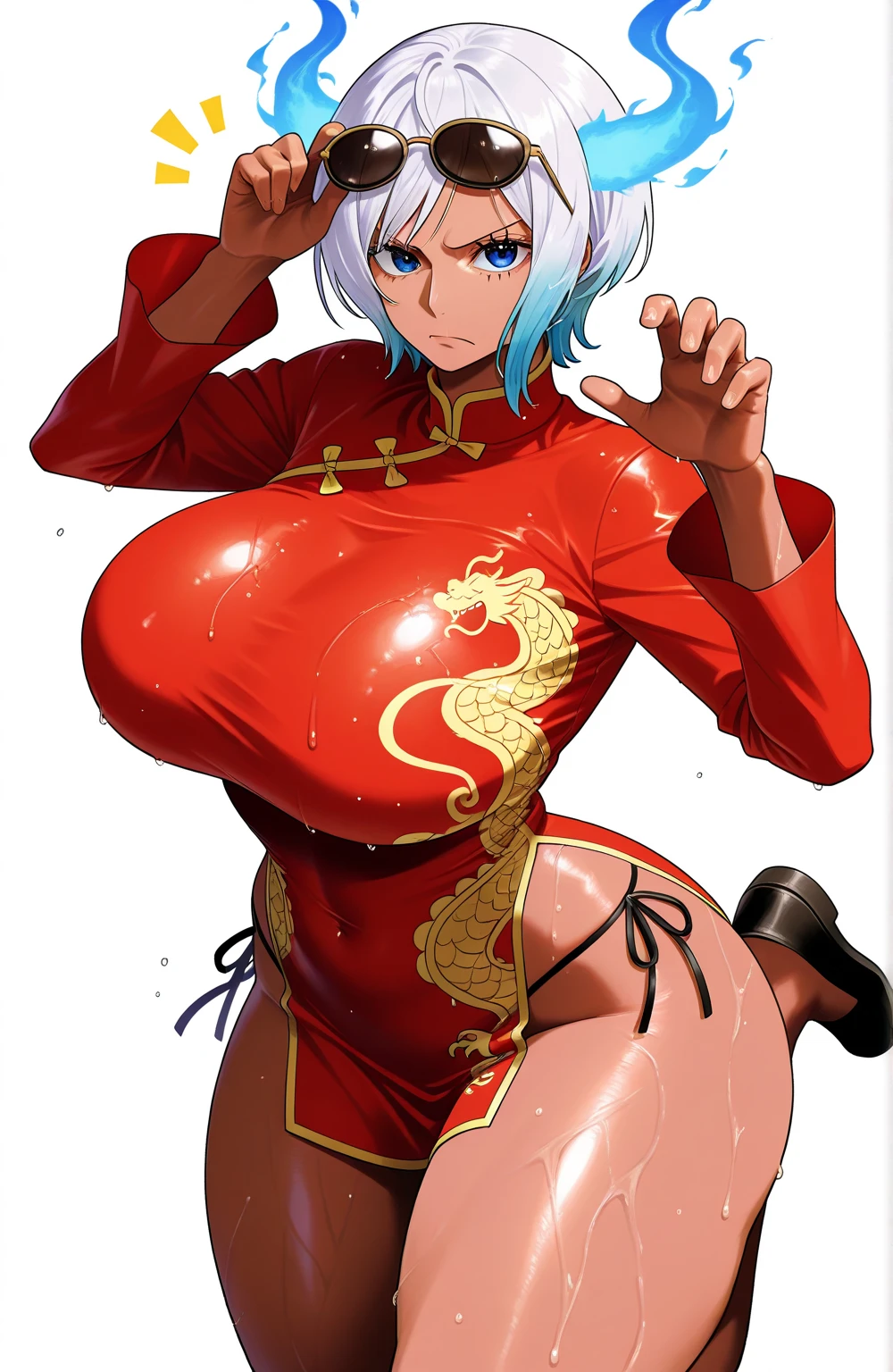 score_9, score_8_up, score_7_up, source_anime, solo, 1girl, dragon ball, bulma, smug, sinister smug expression, evil, looking at viewer, arms behind back, short hair, hair over one eye, blue eyes, red gown, short sleeves, latex suit, humongous breasts, large breasts, massive breasts, boob window, bare breasts, naked breasts, Chinese dress, wearing Chinese dress, exposed thighs 
