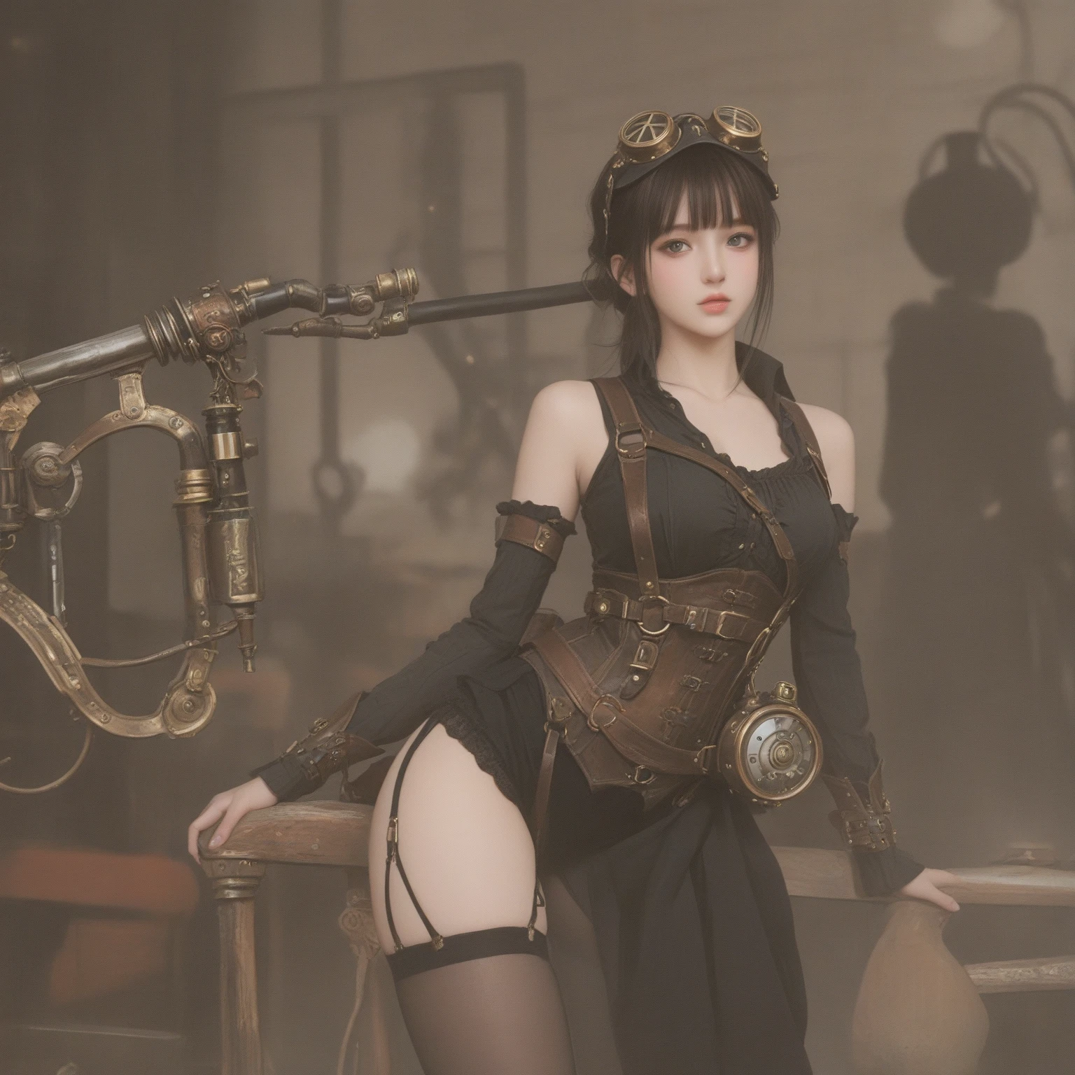 Visualize Cupid in a steampunk-inspired workshop crafting 3D hearts and roses with gears and intricate machinery, surrounded by swirling fractal patterns that represent the magic of love, enormous tits, (full body:1.5)