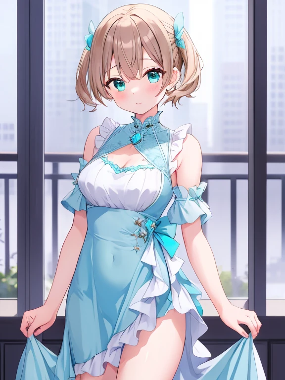 (masterpiece,highest quality,超A high resolution),Japanese women, (((Very beautiful 18 year old girl))), pretty girl、Look at the photographer、 ((Beautiful blonde bob hair)), Very cute face, Glossy Lips, Double eyelids on both eyes, blue eyes, Natural smile、 Natural Makeup, Long eyelashes, Shiny and smooth hair、Center image, Perfect limbs, Perfect Anatomy,(((Shiny Chinese Dress white panties))),undressing,Wet with sweat,Cowboy Shot,