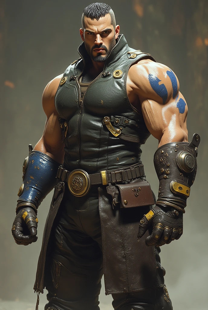 Personnage avec un tonneaux avec écrit déçu boom bye sur le tonneaux des mini mine sur luis un pantalon bleu poupre clair avec un peut de déchirure une tête avec des yeux marrons un pull la ou il porte grâce a unes sachons a mine des cheveux avec une queue de cheval est une bombe en tatouage sur sont bras droit une bouche avec un sourire un visage beige une moustache des main avec des mine qu'il tient sur s'est deux est il y a ecris boom bye-bye et qui a un côté un peut muscle de sont corps avec un peut de trace sur s'est blessure est un côté de combattant dangereux 