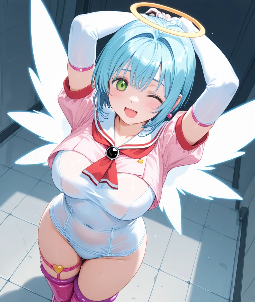 super girl elementary school student, masterpiece, highest quality, abstract, psychedelic, neon, (honeycomb pattern), (creative:1.3), fantasy 00d、 black hair、bob cut with trimmed ends、flat chest、thin crotch、lolicon、belly button、white cloak with pink pattern、pointed nipples、white panties、(((squat)))、transparent clothes、Underwear that has dug in、((Love juice drips from the crotch))、(((spread your pussy with both hands)))、(((spread your pussy)))、((Open your mouth wide and cum in my mouth))、((A large amount of white semen drips from the mouth))、surprised eyes、white beret、puddle at your feet、put your hand on your crotch