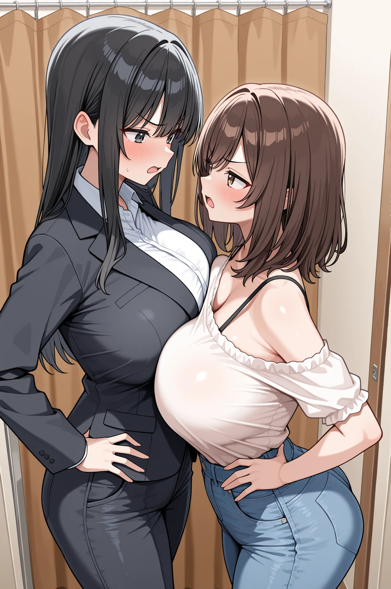 ((masterpiece)), ((best quality)), (ultra-detailed), (realistic), 1girl, solo, mature female, milf, motherly, large breasts, narrow waist, wide hips, curvy, curly hair, short hair, dark hair, dark eyes, collared shirt, cleavage, black pants, office, seductive smile, standing, hands on hips