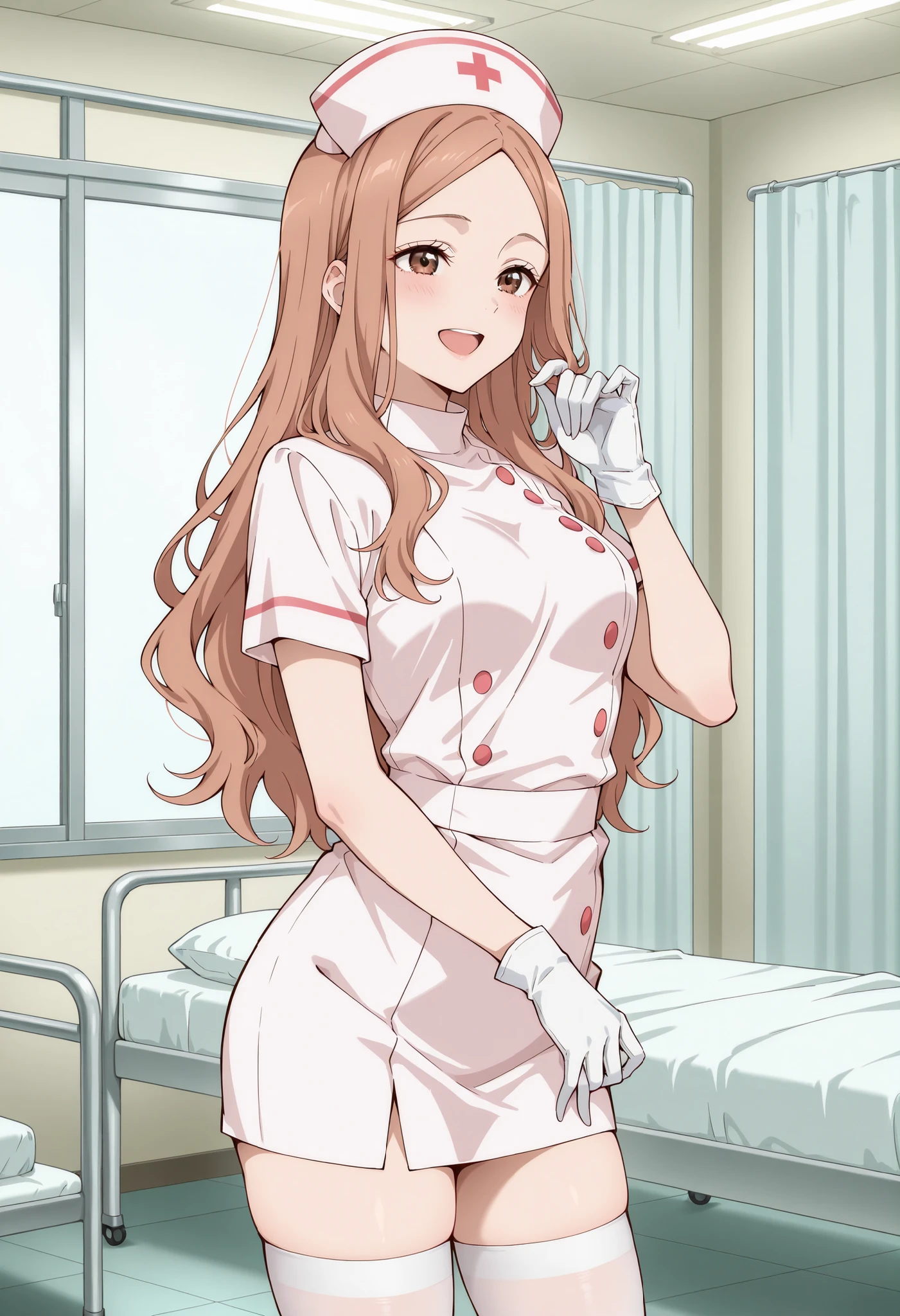 Score_9, score_8_up, score_7_up, source_anime, KJOrune, solo, peach hair, dark brown eyes, long hair, wavy hair, parted bangs, (best quality), (high quality), {masterpiece}, extremely delicate and beautiful, ultra-detailed, beautiful detailed eyes, nurse, nurse hat, ((white nurse's outfit)), white gloves, white thighhighs, hospital room, smile, open mouth, standing