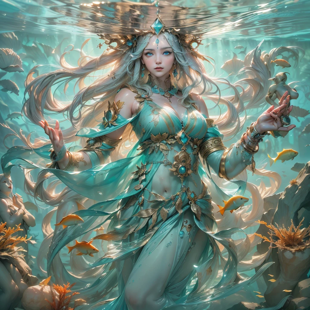 Realistic 4K HD, in the middle of a lake a goddess with long white hair crowns wearing a blue costume with fine gold details, breasts protected round shapes her body surpasses a large rock stone in the middle of the lake.