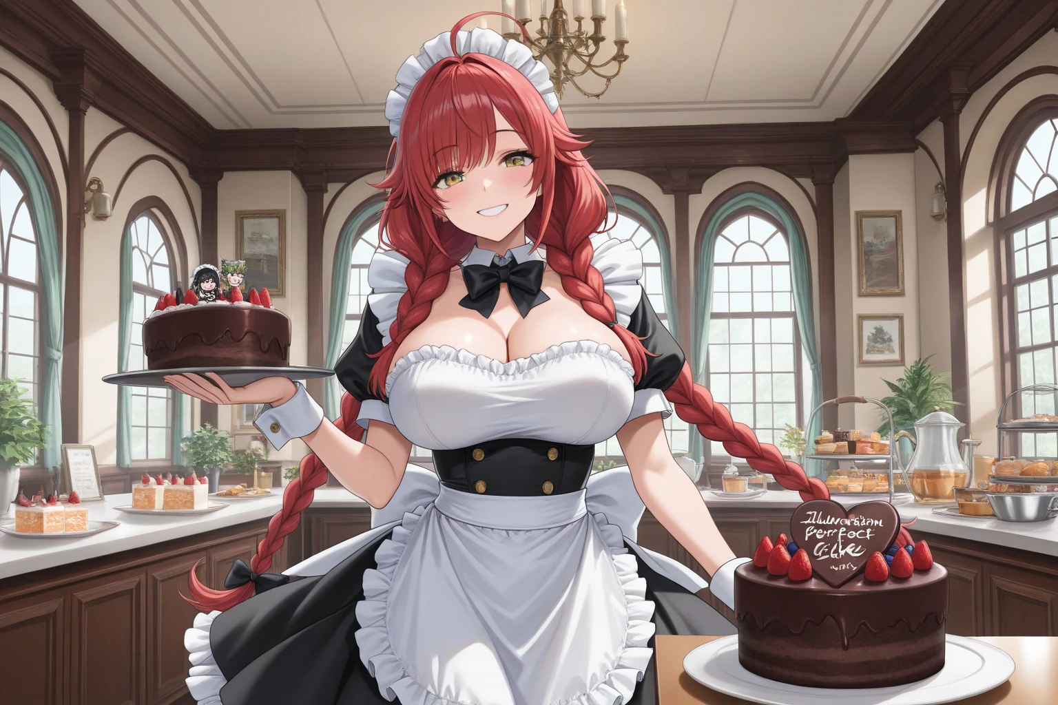//Quality, Masterpiece, 16K, Best Quality, Super Detail, //Base, ((Super Detail, Huge Mont Blanc Cake: 2.0)), Chestnut Cake, Makima, Cute, Succubus Girl, Devil, Short Stature, Big Breasts , //Hair, (Red hair: 1.2), (Short hair braids: 1.5), Braided hairstyle, Two sides, (Devil horns: 1.3), //Face, (Yellow eyes: 1.3), (Blush :1.2), (Open mouth: 2.2), Rejoice, Happy, (Fangs: 1.3), Jagged teeth, Pointed fangs, //Body, (Big breasts: 1.7), ((Breast exposure: 1.5)), ( Beautiful fingers: 1.5), belly button exposed, //belongings, (super detailed, large Mont Blanc cake: 2.0), chestnut cake, sweets, holding in hand, celebration, //clothes, (super detailed, black lace body) Suit: 1.7), ((Intricately woven lace: 1.9)), //Background, grassland, morning, sunlight, ((Shining light: 1.8)), Sunlight, chapel, white bird, blue butterfly, ( Party venue: 1.9), table with cake
