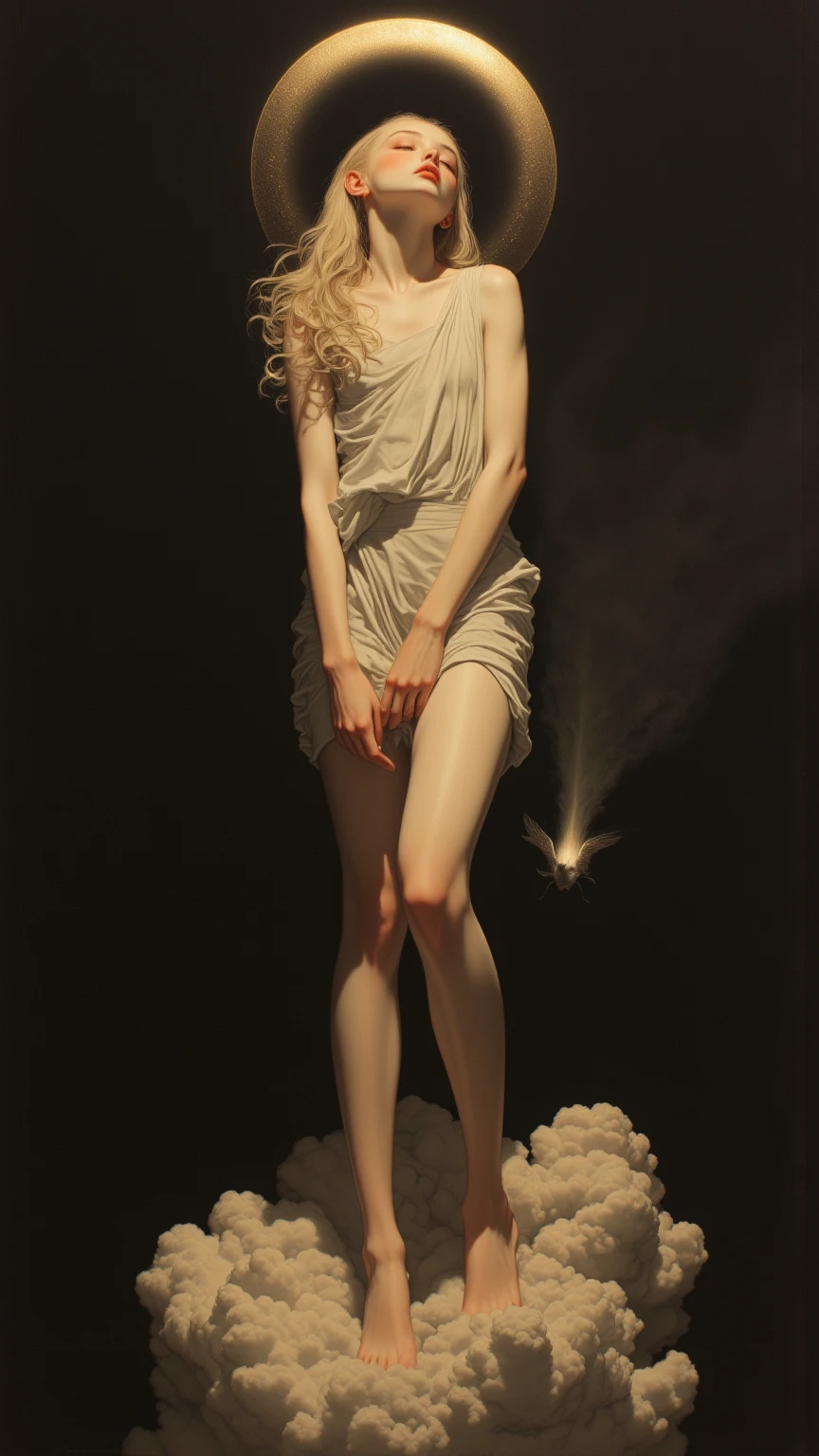 nude woman doing an epic pose, exhibitionism, masterpiece, 16th century painting, baroque style, Renaissance painting, Rembrandt-style lights and colors, dark backgrounds, antique painting effect, all the details