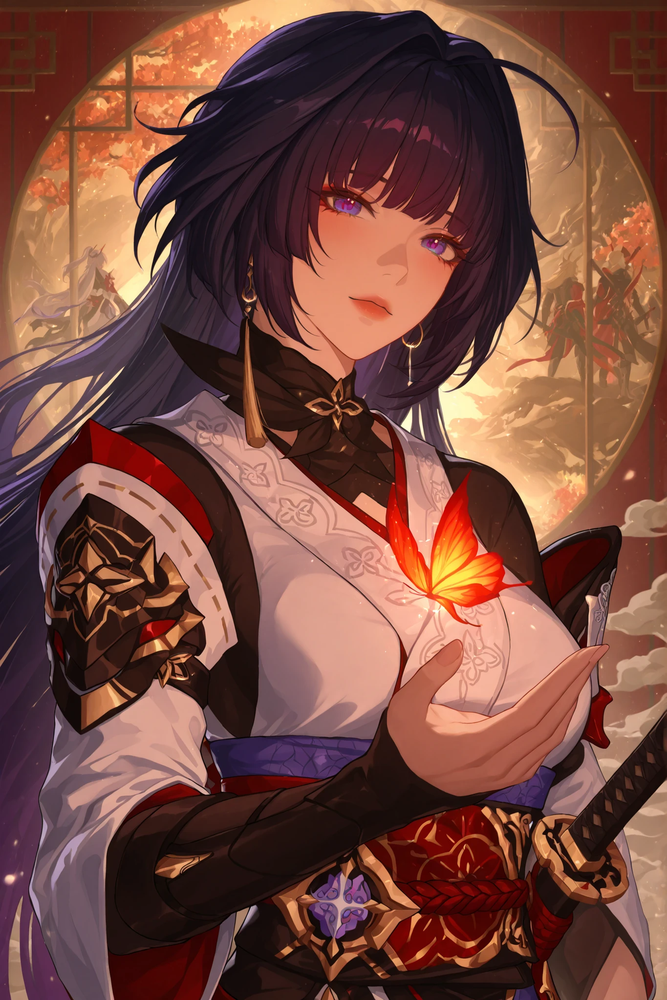 ((apenas)), (Raiden Mei :1.2), Aquecer, holding in her hand a Japanese katana with red details, mulher linda, cabelo roxo azulado , cabelo longo, cabelo desgrenhado, sidelocks, levado, olhos roxo, olhos brilhantes, seios grandes, decoration, upper body, ao ar livre, Mundo honkai impact, ridiculous masterpiece, cor quente, alto contraste, It's extremely absurd