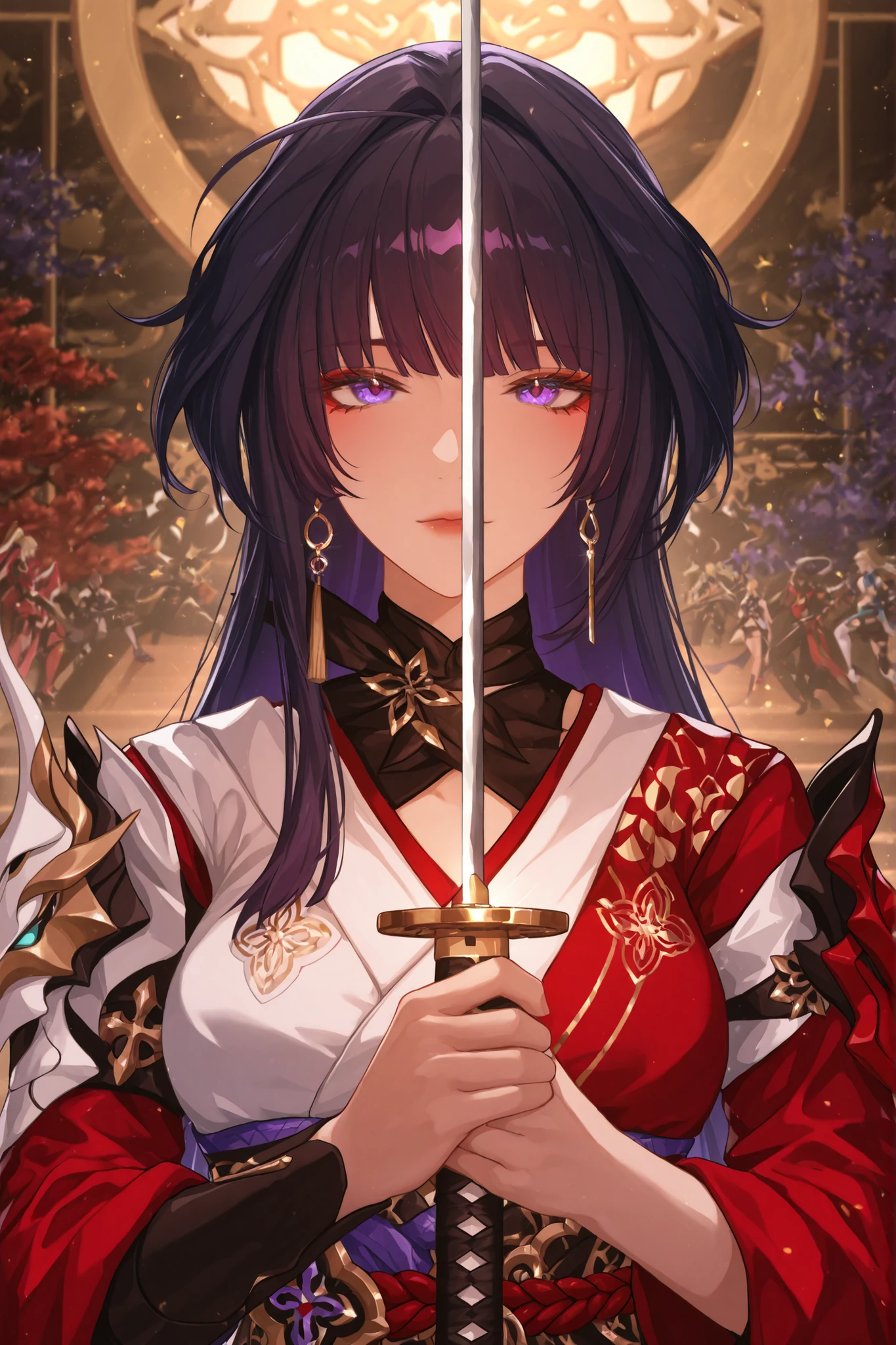 ((apenas)), (Raiden Mei :1.2), Aquecer, holding in her hand a Japanese katana with red details, mulher linda, cabelo roxo azulado , cabelo longo, cabelo desgrenhado, sidelocks, levado, olhos roxo, olhos brilhantes, seios grandes, decoration, upper body, ao ar livre, Mundo honkai impact, ridiculous masterpiece, cor quente, alto contraste, It's extremely absurd