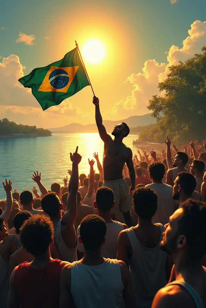 Create an image of a human with a microphone head laughing and the Brazilian flag in the background.