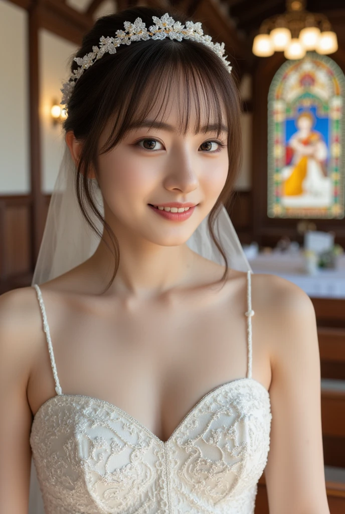 downbrouse、(Detailed Wedding Dresses:1.2)、(realisitic、Photorealsitic、ultra-detailliert、Highest Details Skins、top-quality、masterpiece、超A high resolution)、Realistic skin type、japanes、23years old、Very pretty girl、short-cut、Shot from above、outside church、shot from a side angle、look at a camera、Cute smile、tiarra