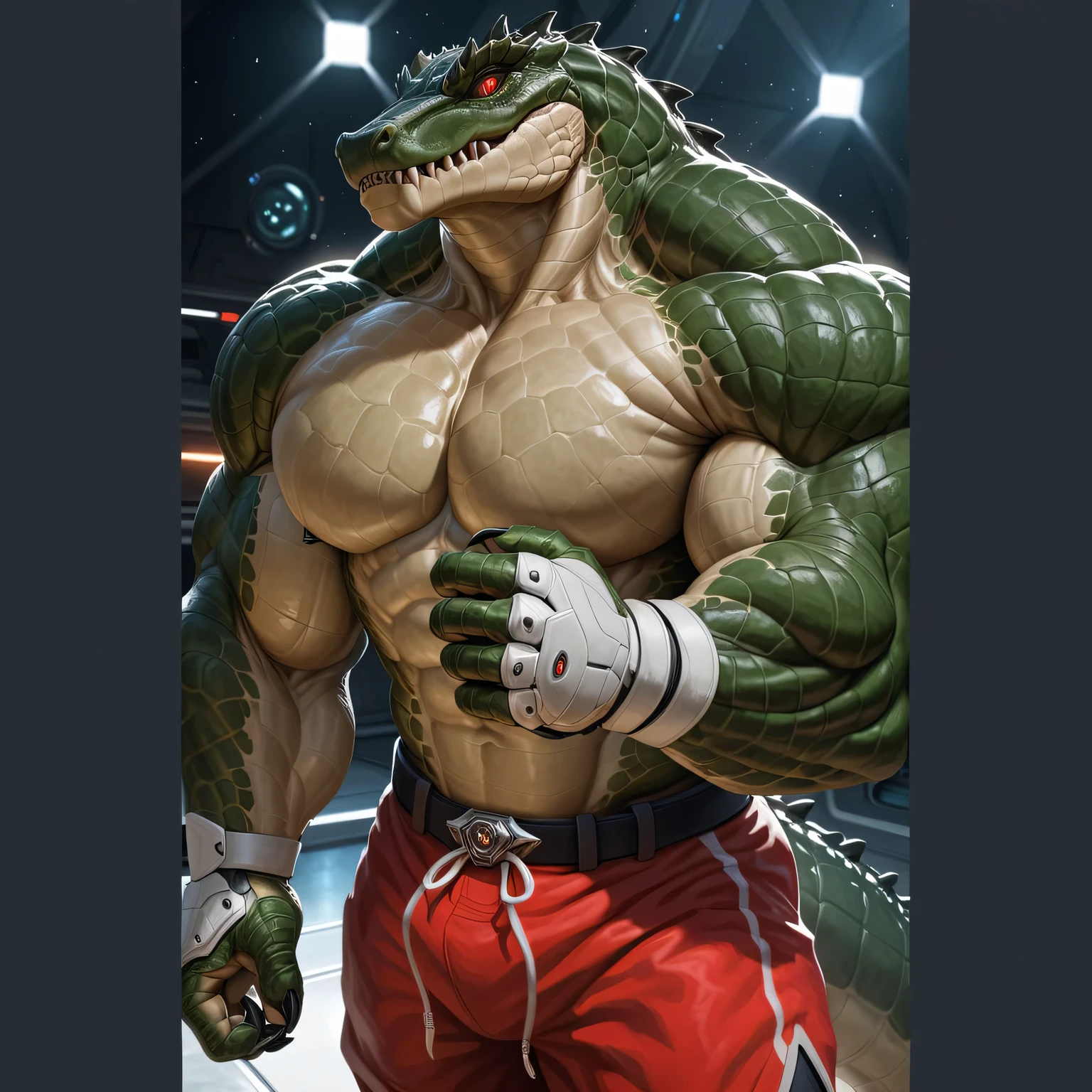 Crocodile, Muscular, Male, Solo, Flexing his arms, Sweat, Veins, Claws, Crocodile Scales, Large tattoo on body, Abs, Smiling, Crocodile Teeth, Handsome Face, Sexy, Sexy Beefcake, Gym Background, Correct Anatomy, flexing his arms, Beautiful eyes, detailed face, Speedo, Dark Green Body Color, (Realistic shadows, depth of field, Wide Dynamic Field, Dark Shadows, HDR, Low Light: 1.2, Front Shot), (by null-ghost, by Chunie, by darkgem),