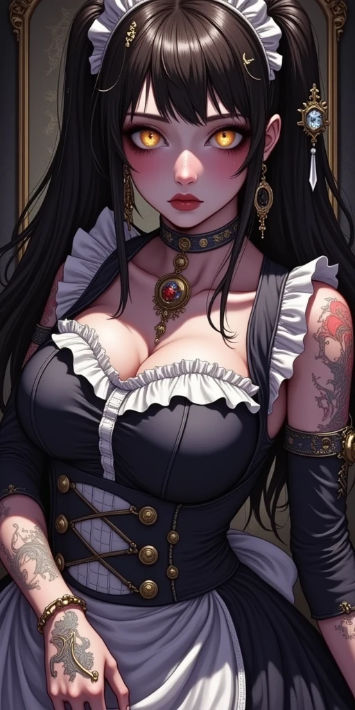 (((((((oil painting,monochromatic world, using only shades of black and white,facial tattoo,))))))(((Loose and light knitwear,cleavage sweater,head tilt,erotic thighband pantyhose,))) (((blush:1.7,baggy cuffs)))，(zentangle:1.1), (geometric:1.1), ((1girl,under-aged,amazing,sharp focus,seductive girl，Solo，from above:1.2))(Masterpiece,Best quality, offcial art, Beautiful and aesthetic:1.2),((超高分辨率,Golden ratio,)) (16k),((lie on bed,cowboy shot,Female demon,sagging breasts，gigantic breasts)),(Physically-based rendering),Sharp focus, (((highdetailskin,))),Intricately detailed clothing，Delicate pupils,heart pupils,danfeng eye,((((detailed hair|middle hair|steep bangs|Long bold side bangs|top bow|ahoge)))),Slender,(masterpiece sidelighting),(The sheen),(beautiful hair,beautiful eyes,）((unbelievable Ridiculous quality,blur background,)),((extremely_Detailed_Eyes_and_face)),Movie girl,(Dynamic configuration: 1.2),Brilliant,Glossy, (Photorealistic), ((hairpin)), two-sided fabric,disheveled hair,Ultra-precise depiction, Ultra-detailed depiction,