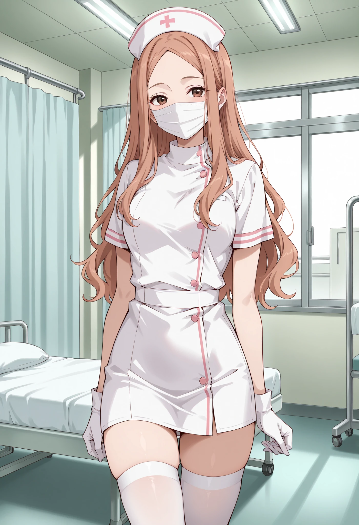 Score_9, score_8_up, score_7_up, source_anime, KJOrune, solo, peach hair, dark brown eyes, long hair, wavy hair, parted bangs, (best quality), (high quality), {masterpiece}, extremely delicate and beautiful, ultra-detailed, beautiful detailed eyes, nurse, nurse hat, ((white nurse's outfit)), white gloves, white thighhighs, hospital room, ((white mask, mouth mask, covered nose)), standing