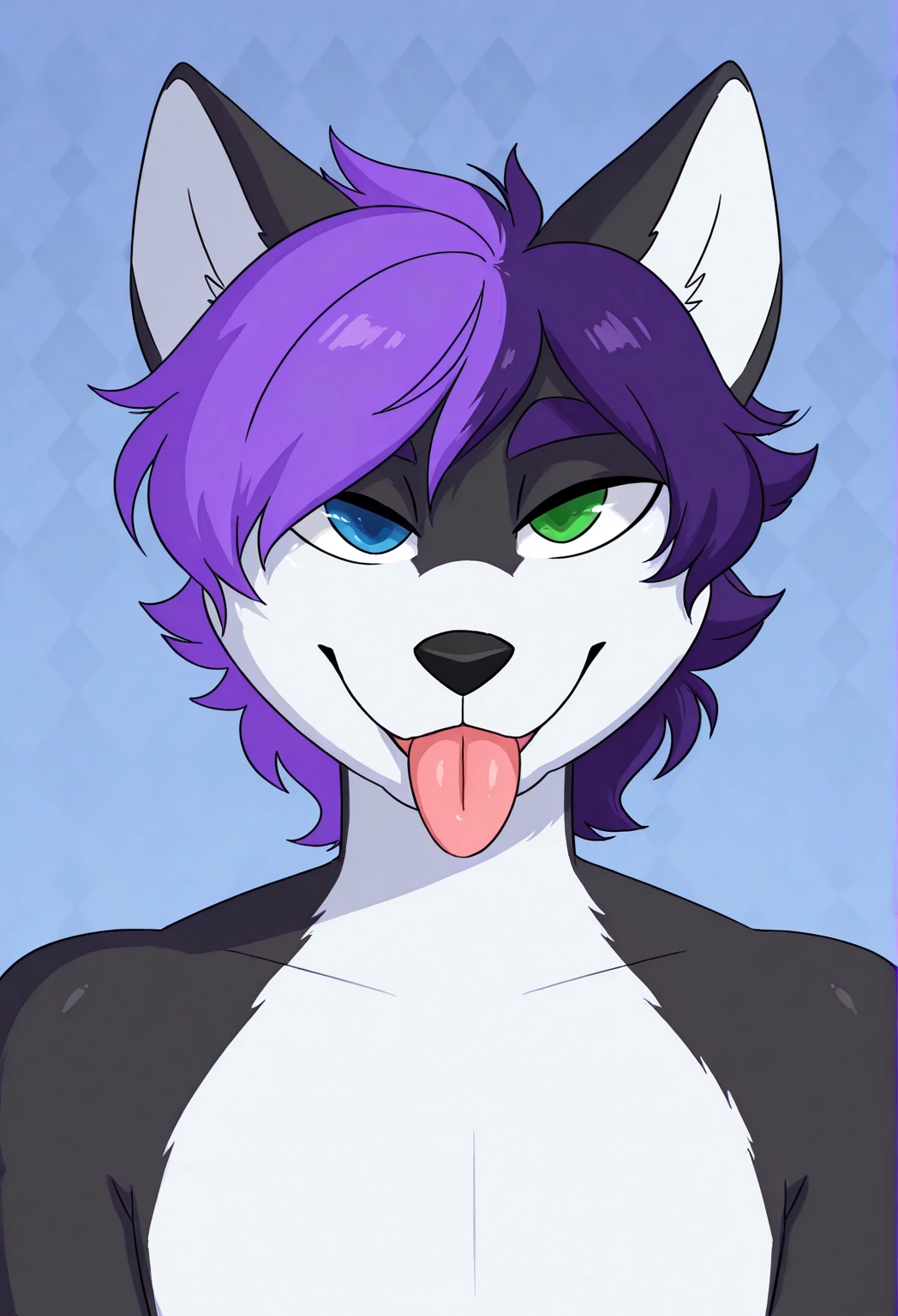 Score_9, score_8_up, score_7_up, sera, an Anthro avian crow girl, female, small grey beak, tall, small crow tail, black body, standing, simple white background, purple eyes, short black emo hair, purple highlights in hair, naked, blowjob, she is sucking a faceless human males cock, human male is cropped out, side view, she is looking up at male, holding his balls with hand