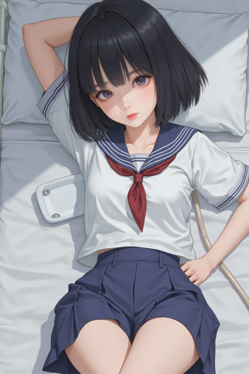 wariza,(masterpiece,Highest Quality),(child),((a sailor suit,Long skirt in navy blue)),(A dark-haired,Medium bob),Light pink eyes,embarrassed from,sleepy expression,Delicate body,school