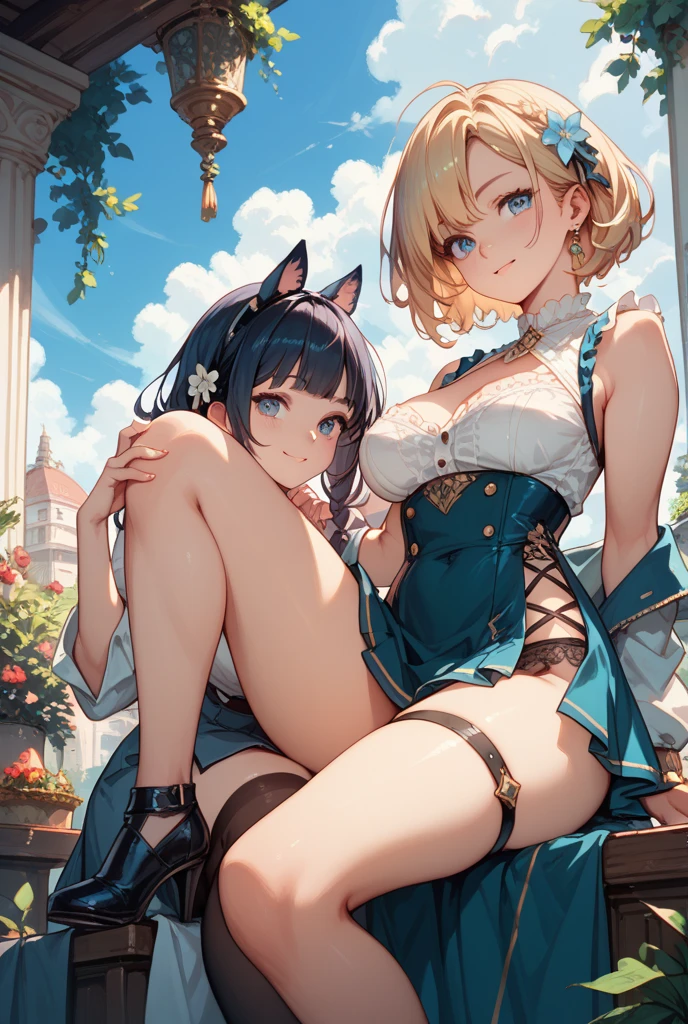 (Best quality),(Detailed), (2 girls),Kizi,a cat tail,There are cat ears on the top of the head,white thighhighs, short detailed hair,Medium breasts