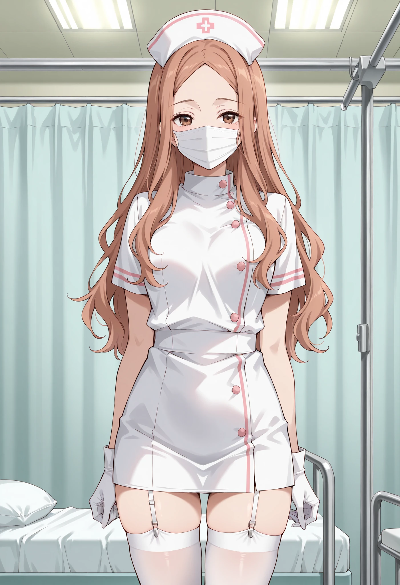 Score_9, score_8_up, score_7_up, source_anime, KJOrune, solo, peach hair, dark brown eyes, long hair, wavy hair, parted bangs, (best quality), (high quality), {masterpiece}, extremely delicate and beautiful, ultra-detailed, beautiful detailed eyes, nurse, nurse hat, ((white nurse's outfit)), white gloves, white thighhighs, hospital room, ((white mask, mouth mask, covered nose)), standing